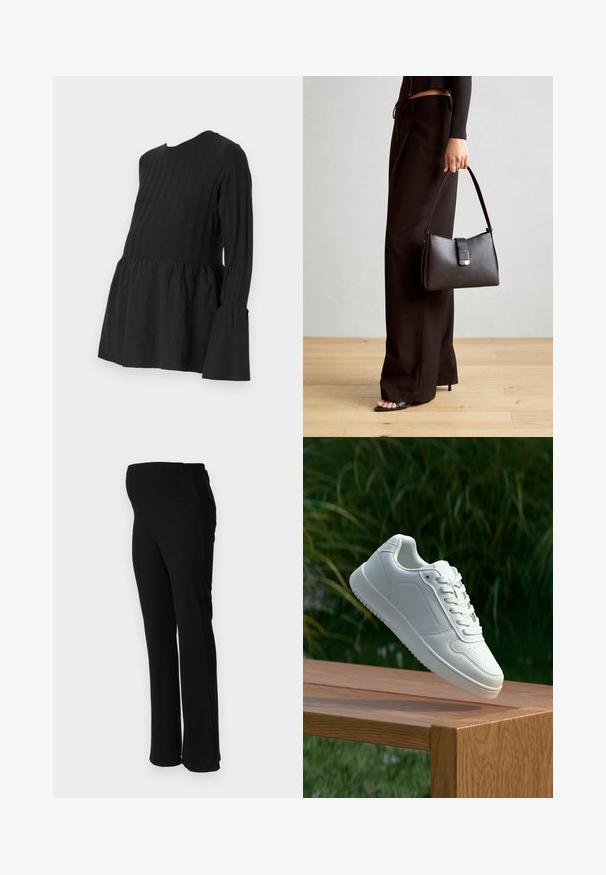 Svart graviditetstopp med en teksturert stripete overdel og en glatt, rullet nedre del med klokkeerm. ; ONLY MATERNITY OLMHALLE - Bukse - black; Hvite sneakers med en glatt syntetisk overdel, perforert tåboks, flate snørebånd og en teksturert såle, vist på en treflate.; Svart håndveske med strukturert form, jevn tekstur og metallisk lås. Kombinert med brede svarte bukser og sandaler med åpen tå på tregulv.