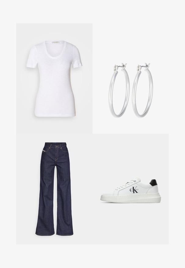 Biely tričko s krátkym rukávom vyrobené z ľahkej látky, s hlbokým výstrihom a priliehavým strihom. S jemnou textúrou po celej ploche.; Tmavomodré široké džínsy z denimu s vysokým pásom, zdobené oranžovým šitím, päť vreckovým dizajnom a zapínaním na gombík.; Biele nízke tenisky s čiernym pätkovým dielom, platformovou podrážkou, šnúrkami a logom "CK" značky Calvin Klein na boku.; Strieborné kruhové náušnice s hladkým, lesklým povrchom. Kolový tvar a bezpečné klikanie na uzatváranie. Ľahký dizajn vhodný na každodenné nosenie.