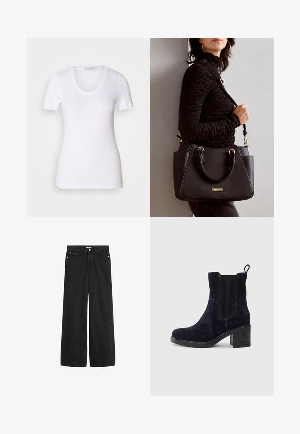 White short-sleeve T-shirt made of lightweight fabric, featuring a scoop neckline and a slim-fit design. Subtle texture throughout.; Wide-leg black denim jeans with a high waist. Features five pockets, metal hardware, and a clean finish. The texture is smooth and soft.; Navy blue suede ankle boot with elastic side panel, rounded toe, and block heel. Textured fabric and smooth sole add contrast.; Black handbag with textured surface, dual top handles, and adjustable shoulder strap. Features gold-tone hardware and side pockets.