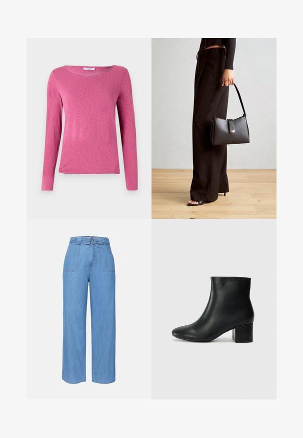 Garais rožains krekls ar noapaļotu kaklu, izgatavots no mīkstas, gludas auduma ar vieglu tekstūru. Bez rakstiem vai rotājumiem.; Gai zila džinsa platā stila bikses ar jostu, divām priekšējām kabatām un vienkāršu faktūru. Ievēro minimālistisku dizainu un tīras līnijas.; Melna ādas potīšu zābaki ar smailu purngalu un masīlu papēdi. Gluda tekstūra ar minimāliem akcentiem un gludu, pieguļošu dizainu.; Melnā somiņa ar strukturētu formu, gludu tekstūru un metālu sprādzi. Saskaņota ar platām melnām biksēm un sandālēm ar atvērtu purngalu uz koka grīdas.