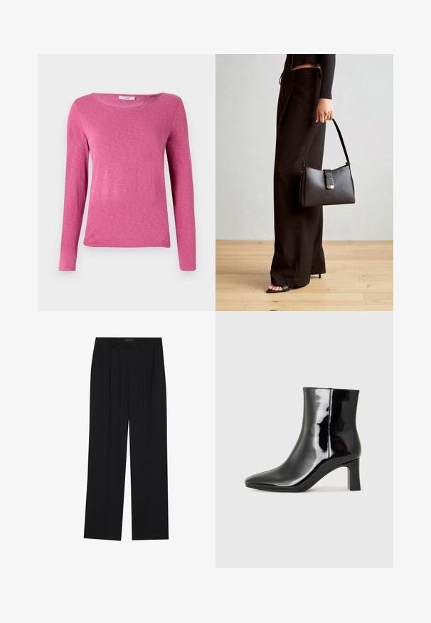 Hosszú ujjú rózsaszín felső, kerek nyakkivágással, puha, sima anyagból készült, finom textúrával. Nincsenek minták vagy díszítések.; Fekete nadrág egyenes szárú kialakítással, két első zsebbel és derékrésszel. Simának és könnyű anyagból készült.; Fekete lakk bőrcipő bokáig érő, hegyes orral és közepes magasságú tömbsarokkal. Simább textúrával és minimalista dizájnnal rendelkezik.; Fekete kézi táska strukturált formával, sima textúrával és fémből készült záródással. Széles fekete nadrággal és nyitott orrú szandállal párosítva, fából készült padlón.