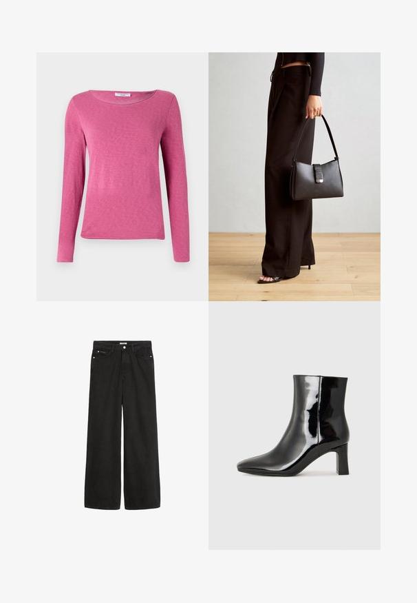 Langärmliges pinkes Oberteil mit rundem Ausschnitt, aus einem weichen, glatten Stoff mit einer subtilen Textur. Keine Muster oder Verzierungen.; Schwarz denim Weitbein-Hose mit hoher Taille. Verfügt über fünf Taschen, Metallbeschläge und eine saubere Verarbeitung. Die Textur ist glatt und weich.; Schwarzer Lackleder-Stiefelette mit spitzer Zehe und einem mittelhohen Blockabsatz. Glatte Textur und minimalistisches Design.; Schwarze Handtasche mit strukturierter Form, glatter Textur und einem metallischen Verschluss. Kombiniert mit weiten schwarzen Hosen und offenen Sandalen auf einem Holzboden.