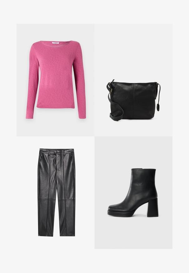 Camisola de manga longa rosa com decote arredondado, feita de um tecido suave e liso com uma textura subtil. Sem padrões nem adornos.; Calças de pele preta com uma textura suave, apresentando um ajuste reto, dois bolsos frontais e detalhes de costura visíveis.; Bota de couro preta até ao tornozelo com salto bloco e sola com plataforma, vista de lado sobre um fundo branco liso.; Mala de ombro em couro preto com forma plana, detalhes em metal dourado e alça ajustável. Textura suave com detalhes de costura mínimos.