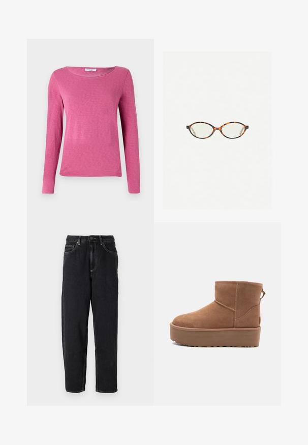 Langärmliges pinkes Oberteil mit rundem Ausschnitt, aus einem weichen, glatten Stoff mit einer subtilen Textur. Keine Muster oder Verzierungen.; American Vintage YOPDAY - Jeans Relaxed Fit - black vintage; Beige Wildleder-Ankle-Boot mit Plateausohle, abgerundetem Zehenbereich und abgesteppten Akzenten; verfügt über eine Zuglasche hinten für einfaches An- und Ausziehen.; Schildpatt-Eyegläser mit ovalen Gläsern und einer eleganten, glatten Oberfläche. Mit dünnen Seiten und einer subtilen Kurve an den Schläfen. Klare Gläser.; Samsøe Samsøe DIAMOND SCARF - Schal - grey melange; Braune Kunstleder-Schultertasche mit geschwungener Form, minimaler Naht und goldfarbener Hardware-Akzent. Verfügt über einen oberen Reißverschluss und einen verstellbaren Trageriemen.