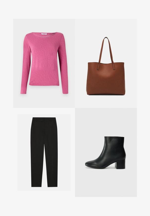 Dugih rukava ružičasta majica s okruglim izrezom, izrađena od mekane, glatke tkanine s suptilnom teksturom. Bez uzoraka ili ukrasa.; Crne hlače s krojem po mjeri, s bočnim džepovima i ravnim nogavicama. Izrađene od glatkog, laganog materijala s elegantnim završetkom.; Crne kožne čizme do članaka s uskim vrhom i debelim potplatom. Glatka tekstura s minimalnim detaljima i elegantan, prilagođen dizajn.; Smeđa kožna torba preko ramena s glatkom teksturom, otvorenim vrhom i dvjema naramenicama. Ima minimalne šavove i nema vidljivog hardvera.