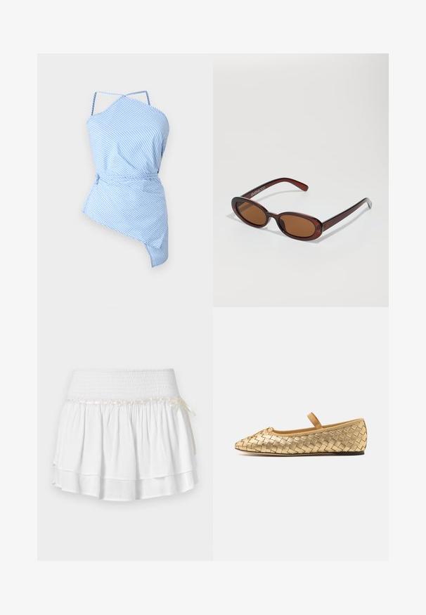 Blå og hvit stripet topp med asymmetrisk snitt, tynne stropper og snor i midjen for justerbar passform. Lett materiale med glatt tekstur.; Hvit lagdelt skjørt med elastisk midjebånd, med en teksturert smockingdetalj og en dekorativ båndaccent. Laget av bomull.; Loeffler Randall LEONIE SOFT BALLET FLAT - Ballerina med reim - gold; Runde, brune solbriller med en blank burgunderfarvet ramme. Slanke arme med subtile brandingdetaljer. Flad linse design.