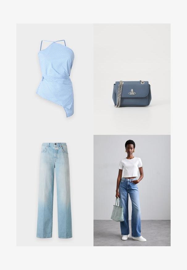 Niebieska i biała bluzka w paski z asymetrycznym krojem, cienkimi ramiączkami oraz regulowanym paskiem w talii. Lekka tkanina o gładkiej fakturze.; Jasnoniebieskie dżinsy typu wide-leg z wyblakłym gradientem, z klasycznym pięciokieszeniowym krojem i metalowym zapięciem na guzik.; Biała, prążkowana, krótka koszulka, jasnoniebieskie, szerokie dżinsy i białe sneakersy. Trzyma zielono-białą torbę w paski.; Niebieska torebka z teksturowanej sztucznej skóry z srebrnym łańcuszkiem oraz akcentem z logo z przodu. Zapięcie na klamrę z zasuwaną klapą.