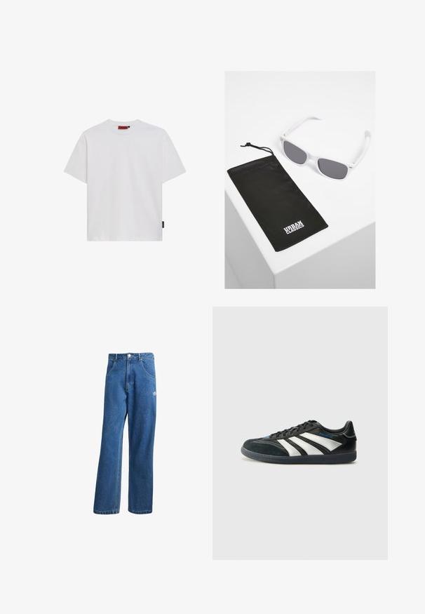 White cotton T-shirt with short sleeves, crew neckline, and a small black logo tag at the left side seam. Smooth texture, classic fit.; Blue high-waist wide-leg denim jeans with front pockets, belt loops, button closure, and small Adidas logo on the right thigh.; adidas Performance PREDATOR FREESTYLE JUDE INDOOR FOOTBALL SHOES - Indoor football boots - core black/silver-coloured/glory blue; White plastic sunglasses with gray lenses next to a black fabric pouch featuring a white "URBAN CLASSICS" logo in bold lettering.
