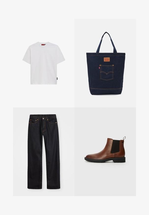 Fehér pamut póló rövid ujjakkal, kerek nyakkivágással, és egy kis fekete logó címkével a bal oldali varráson. Simaság, klasszikus szabás.; Férfi egyenes szabású fekete farmernadrág öt zsebbel és narancssárga varrással, gombos és cipzáros záródással elöl.; Jack & Jones JFWHOSKINS - Klasszikus bokacsizmák - cognac; Sötétkék farmer bevásárlótáska két fogantyúval, látható varrással és egy elülső zsebbel, amelyen klasszikus logó folt található.