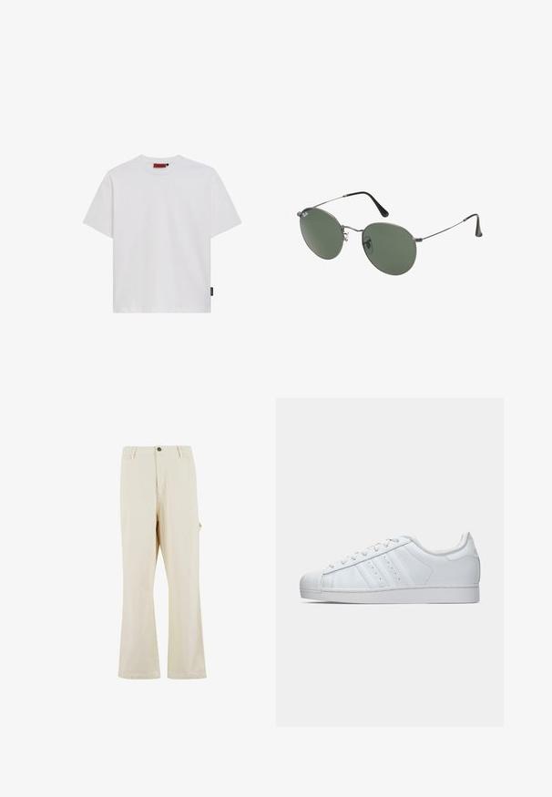 Balts kokvilnas T-krekls ar īsām piedurknēm, apaļu kakla izgriezumu un mazu melnu logo birku kreisajā sāna šuvē. Gluda tekstūra, klasiskā piegriezuma forma.; Kremkrāsas, plaši bikses, izgatavotas no kokvilnas maisījuma auduma, ar pogu aizdari. Iespējas sānu kabatas un maiga tekstūra. Redzama šuvju detaļas.; Baltas ādas sporta apavi ar strukturētu gumijas purngali, trim sānu svītrām un mīkstinātu apkakli. Plakanas baltas šņores un minimālistisks dizains.; Metāla rāmji saulesbrillēm ar ovālām zaļām lēcām. Tievs sudraba metal rāmji un melni ausu spilventiņi. Minimalistiska dizaina, bez redzamām apzīmējumiem.