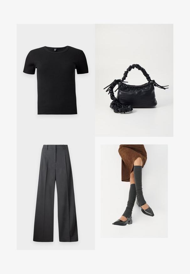 Melnas īsām piedurknēm t-krekls, izgatavots no ribota auduma. Tam ir klasiskas apļa formas kakla izgriezums un pieguļošs siluets. Nav papildu akcents.; Platās kājas bikses tumši pelēkā audumā, ar augstu jostasvietu, ar vienu uzpūstu vīli un gludu tekstūru ar tīru apdari ap malām.; Melnas laka ādas apavi ar norādītu purngalu, blokveida papēdi un potīšu jostu, saskaņoti ar pelēkām ribotām kāju sildītājām un brūnu zamšādas svārku.; Melnā mākslīgās ādas rokassoma ar krokodila rakstu, savilkta augšdaļa un saburzīta siksna. Izskatās mīksta un kompakta pēc dizaina.