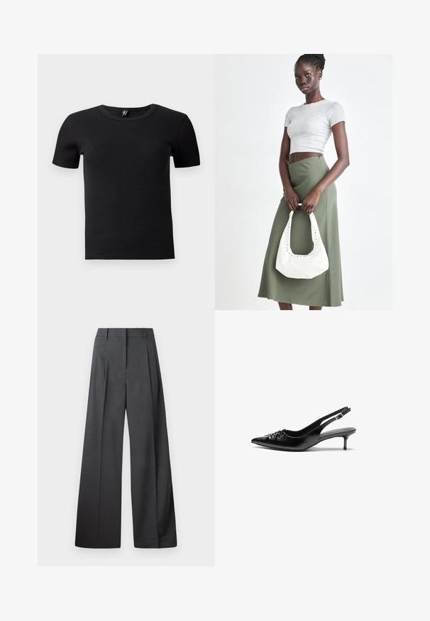 Sort kortærmet t-shirt lavet af ribbet stof. Har en klassisk rund hals og en tætsiddende silhuet. Ingen yderligere accenter.; Bredde benbukser i mørkegrå stof, med høj talje, enkelte læg og en glat tekstur med en ren finish ved kanten.; Sorte læderslippers med spidse tæer, lille kitten hæl og en dekorativ knude detalje foran. Glat tekstur hele vejen rundt.; Grå ribbet crop top og olivengrøn højhøjdet nederdel. Modellen holder en hvid skuldertaske med udskæringsdetaljer. Enkel design, tætsiddende silhuet.