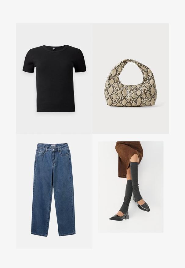 T-shirt preto de mangas curtas feito de tecido canelado. Apresenta um decote redondo clássico e uma silhueta ajustada. Sem acessórios adicionais.; Jeans de denim azul clássicos com um design de perna reta, cinco bolsos e fecho de botão. Apresenta um tratamento médio e uma textura resistente.; Sapatos pretos de pele lacada com biqueira pontuda, salto bloco e tiras no tornozelo, combinados com caneleiras cinzas em malha e uma saia de camurça castanha.; Bolsa com padrão de pele de cobra e uma alça curva. Feita de materiais texturizados em bege e castanho, apresentando um padrão de diamante distintivo.