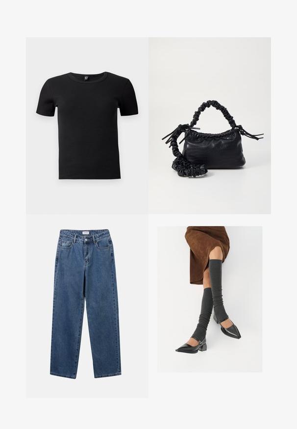 Must have lühikesed varrukad T-särk, mis on valmistatud soonikkangast. Omab klassikalist ümarat kaelust ja lähedast siluetti. Ilma lisadetailideta.; Klassikalised sinised denimists teksad otsejalaga disainiga, viie taskuga ja nööbisuletusega. Omab keskmist pesu ja tugevat tekstuuri.; Mustad patsaline odav värviga kingad, millel on kreen ja pahkluuring, on paaritatud hallide ribakudumitega sääremiidega ja pruunist nahast seelikuga.; Must must sünteetilisest nahast käekott, millel on krokodillimuster, kokku tõmmatav ülaosa ja kortsus rihm. Tundub pehme ja kompaktne disain.