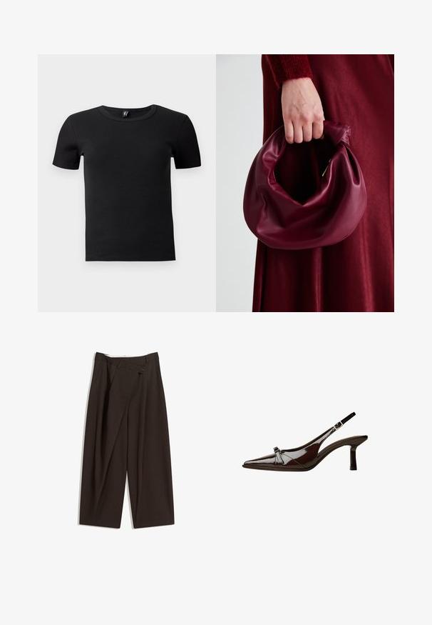 Čierne tričko s krátkym rukávom vyrobené z ryhovanej látky. Má klasický okrúhly výstrih a priliehavý strih. Bez ďalších akcentov.; Tmavohnedé široké nohavice s vysokým pásom, s jedným gombíkom a záhybmi vpredu. Vyrobené z ľahkej textílie.; Hnedá laková slingback obuv s špicatou špičkou, nízkym opätkom a dekoratívnou mašľou vpredu. Hladká, lesklá štruktúra.; Burgundská kožená kabelka s mäkkým, zhromaždeným dizajnom a zaobleným tvarom. Rukoväť je pevne zaisťujúca a vystavuje hladkú textúru.