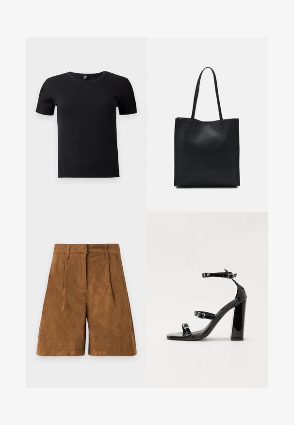 Čierne tričko s krátkym rukávom vyrobené z ryhovanej látky. Má klasický okrúhly výstrih a priliehavý strih. Bez ďalších akcentov.; Hnedé semišové šortky s hladkým povrchom, s prednými sklady, plochým pásom a rovnými nohavicami.; Čierne lakované sandále na podpätku so štvorcovou špičkou, navlečenými remienkami okolo členku a striebornými prackami. Disponujú masívnym blokovým podpätkom pre stabilitu.; Čierna kožená taška na rameno s hladkým povrchom, obdĺžnikovým tvarom a dvoma dlhými uchami. Bez viditeľného kovania alebo ozdôb.