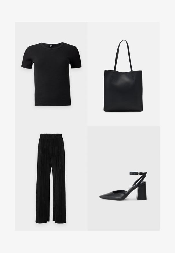 T-shirt preto de mangas curtas feito de tecido canelado. Apresenta um decote redondo clássico e uma silhueta ajustada. Sem acessórios adicionais.; Calças pregueadas pretas com uma cintura elástica. Apresentam pernas largas e um tecido liso, texturizado com riscas verticais.; Sandal com biqueira afilada em couro preto, com cinta no tornozelo e salto grosso. Textura lisa, design elegante e estética minimalista.; Bolsa tote preta em couro com textura lisa, forma retangular e duas alças longas. Sem hardware ou enfeites visíveis.