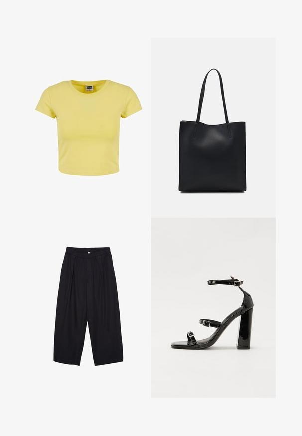 Žltý bavlnený crop top s krátkym rukávom, okrúhlym výstrihom a jemnou textúrou. Na výstrihu je viditeľná etiketa "URBAN CLASSICS".; Čierne polyesterové culotte nohavice s elastickým pásom, dvoma prednými záhybmi a voľným strihom. Žiadne viditeľné vzory ani detaily z kovu.; Čierne lakované sandále na podpätku so štvorcovou špičkou, navlečenými remienkami okolo členku a striebornými prackami. Disponujú masívnym blokovým podpätkom pre stabilitu.; Čierna kožená taška na rameno s hladkým povrchom, obdĺžnikovým tvarom a dvoma dlhými uchami. Bez viditeľného kovania alebo ozdôb.