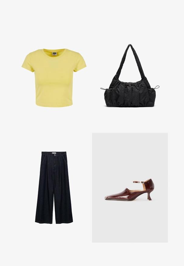 Crop top giallo in cotone con maniche corte, scollatura rotonda e una consistenza morbida. Etichetta "URBAN CLASSICS" visibile sulla scollatura.; Pantaloni larghi in denim scuro con vita alta, dotati di chiusura frontale con bottone, due tasche laterali e dettagli di cucitura.; Scarpa in pelle verniciata bordeaux con punta affusolata, cinturino alla caviglia e tacco affusolato di 5 cm. Texture liscia e design minimalista.; Borsa a tracolla in tessuto nero con texture arricciata, due manici e chiusura a coulisse sui lati. Materiale liscio e leggero.