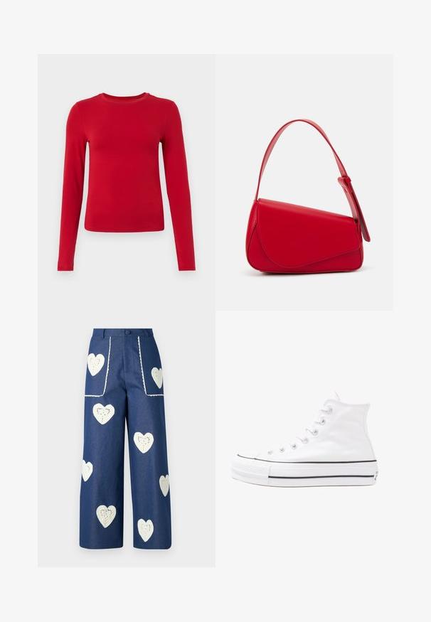 Piros, hosszú ujjú felső, rugalmas anyagból készült, kerek nyakkivágással és testhezálló fazonnal. Sima textúra, látható minták nélkül.; Sister Jane HEART TO HEART - Egyenes szárú farmer - blue denim; Fehér magaskorsó vászon sportcipő fekete gumi talppal, elülső gumi orrnyereggel és hat fűzőlyukkal, letisztult, minimalista dizájnnal.; Piros bőr kézitáska szögletes, geometrikus kialakítással. Egy állítható pánttal és varrott részletekkel ellátott fedélzárral rendelkezik.