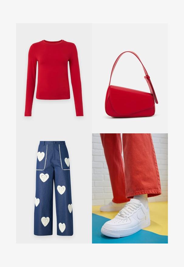 Czerwona bluzka z długim rękawem, wykonana z elastycznego materiału, z okrągłym dekoltem i dopasowanym krojem. Gładka tekstura bez widocznych wzorów.; Sister Jane HEART TO HEART niebieski denim; Białe skórzane sneakersy z perforowanym czubkiem, teksturowaną podeszwą i białymi sznurowadłami, w połączeniu z szerokimi czerwonymi spodniami na niebiesko-żółtym tle.; Czerwona skórzana torebka o kanciastym, geometrycznym designie. Posiada jedną regulowaną rączkę oraz zapięcie na klapę z przeszyciami.