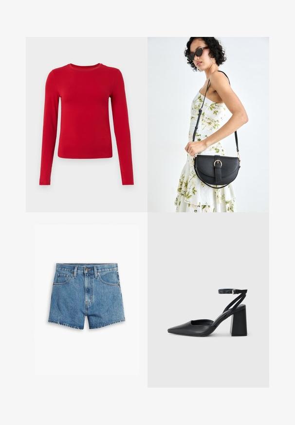 Piros, hosszú ujjú felső, rugalmas anyagból készült, kerek nyakkivágással és testhezálló fazonnal. Sima textúra, látható minták nélkül.; Világoskék farmer rövidnadrág, öt zsebbel, cipzáros megoldással és gombos záródással. A szegélyt megkoptatták, és laza szabású dizájn jellemzi.; Fekete bőr, hegyes orrú magassarkú cipő boka pánttal és vastag sarokkal. Sima textúra, elegáns dizájn és minimális esztétika.; Fekete bőrtáska ívelt formával, levehető pánttal és arany színű fémrészekkel. A táskán egy csattal díszített fedél található.