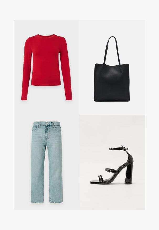 Red long-sleeve top made of stretchy material, featuring a round neckline and a fitted silhouette. Smooth texture with no visible patterns.; Light blue wide-leg jeans made from denim, featuring a classic five-pocket design, clean lines, and a regular waistband with a button closure.; Black patent heeled sandals with a square toe, ankle straps, and silver buckles. Features a chunky block heel for stability.; Black leather tote bag with smooth texture, rectangular shape, and two long handles. No visible hardware or embellishments.