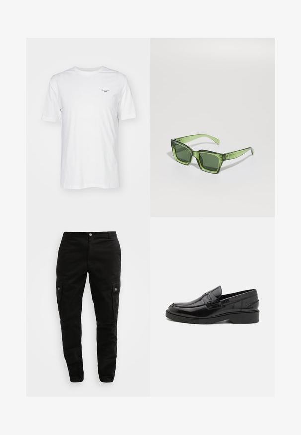 Hvit bomullst-skjorte med rund hals, korte ermer og en liten trykt logo på venstre brystområde. Myk tekstur, vanlig passform.; Svart cargo bukser laget av slitesterk stoff, med sidelommer, knappelukking og en smal passform. Slitesterk tekstur med minimale detaljer.; Svarte skinnloafers med glatt finish, rund tå, lav hæl og dekorativ søm langs fronten. Gummisåle for grep.; Grønne rektangulære solbriller med solide mørke linser, tykke transparente rammer og en lett glanset finish. Akenter på stengene.