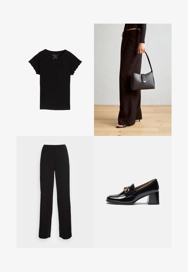 Melna īsām piedurknēm T-kreklu ar apaļu kakla izgriezumu, izgatavots no mīksta auduma. Iezīmē apaļus malus uz piedurknēm, minimāla vīlēšanas detaļa.; Melnas bikses ar taisna kāju dizainu, gludu tekstūru un pieguļošu jostu. Iekļauj priekšējās kabatas un minimālu šuvju detalizāciju.; Melnas lakotu ādu zābaki ar papēdi, ar noapaļotu purngalu, masīvāku papēdi un zelta toņa metāla akcentu priekšējā siksniņā.; Melnā somiņa ar strukturētu formu, gludu tekstūru un metālu sprādzi. Saskaņota ar platām melnām biksēm un sandālēm ar atvērtu purngalu uz koka grīdas.