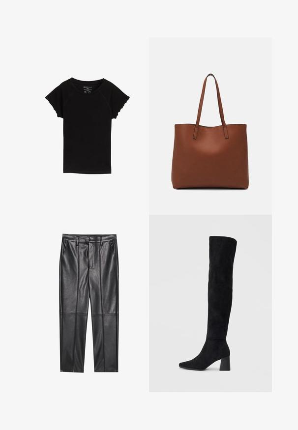 Czarna, krótka koszulka z okrągłym dekoltem, wykonana z miękkiego materiału. Posiada zaokrąglone krawędzie rękawów, minimalne detale szwów.; Czarne skórzane spodnie o gładkiej fakturze, z prostym krojem, dwoma przednimi kieszeniami i widocznymi szwami.; Czarne zamszowe botki do kolan na kwadratowym obcasie, z wydłużonym noskiem i gładkim, bezszwowym wzorem na jednolitym jasnym tle.; Brązowa skórzana torba tote o gładkiej fakturze, z otwartym wierzchem i dwoma ramiączkami. Charakteryzuje się minimalnym przeszyciem i brakiem widocznych elementów metalowych.