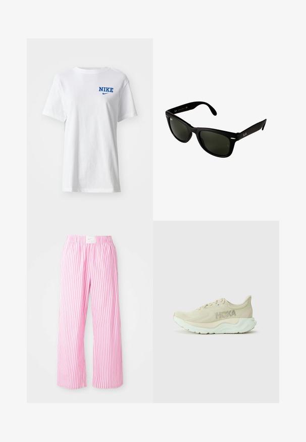 Camiseta de algodón blanca de manga corta, con un logo azul de "NIKE" en el pecho. Diseño clásico de cuello redondo.; Pantalones a rayas rosas y blancas con una cinturilla elástica. Hechos de un material ligero, presentan un diseño relajado y de pierna ancha.; Zapatilla de running de color beige claro con una parte superior de malla texturizada, una entresuela acolchada y suela de color verde menta. Presenta la marca Hoka en el costado.; Gafas de sol de plástico negro con lentes de color verde oscuro. El diseño de la montura cuadrada presenta acentos plateados y un logotipo embellecido en la patilla.