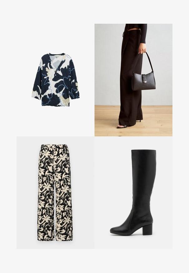 Dunkelblaues, cremefarbenes und hellblaues gemustertes Hemd mit V-Ausschnitt, drei Viertelärmeln und zwei Knöpfen an der Vorderseite. Gekräuselte Textur.; Schwarze weit geschnittene Hose mit einem cremefarbenen Blumenmuster. Hergestellt aus leichtem Stoff, mit einer glatten Textur und einem hohen Bund.; Knielange schwarze Lederstiefel mit glatter Textur, abgerundeter Zehenpartie, Seitenpaneel und einem massiven Blockabsatz.; Schwarze Handtasche mit strukturierter Form, glatter Textur und einem metallischen Verschluss. Kombiniert mit weiten schwarzen Hosen und offenen Sandalen auf einem Holzboden.