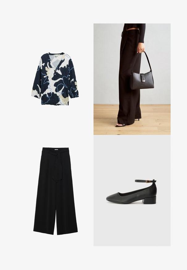 Tamsiai mėlynas, kreminis ir šviesiai mėlynas raštuotas marškinėliai su V formos iškirpte, trijų ketvirčių rankovėmis ir dviem mygtukais priekyje. Susiraukšlėjusi tekstūra.; Juoda plačių kojų kelnės, pagamintos iš tekstūruoto audinio, su elastingu juosmeniu ir atsegamu diržu juosmenyje, leidžiančiu reguliuoti dydį.; Juodas odinis aukštakulnis batelis su smailiu pirštu ir žemu bloku. Su kulkšnies dirželiu su auksinės spalvos sagtimi. Lygus paviršius.; Juodas rankinė struktūrizuota forma, lygi tekstūra ir metalinis užsegimas. Suporuota su plačiomis juodomis kelnėmis ir atvirais bateliais ant medinių grindų.