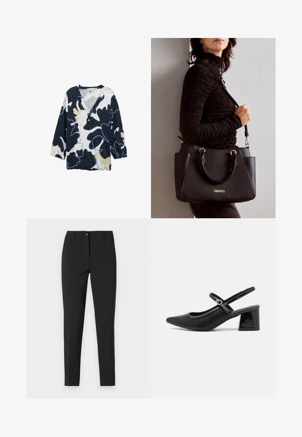 Tumesinine, kreemja ja helesinise mustriga särk V-kaelusega, kolmeveerandvarrukatega ja kahe nupuga ees. Kortsus tekstuur.; Mustad sobivad püksid siledast kangast, klassikalise vöökoha, ees oleva lukuga ja küljetaskutega, millel on stiilne ja kohandatud disain.; Mustad läikivad nahast slingback-kõrged kontsad, millel on terav nina, ümar lõikekujundus ja blokknina. Omab kuldset nupu aktsenti.; Musthave must kott, millel on tekstuurne pind, kaks ülemist käepidet ja reguleeritav õlarihm. Omab kuldse tooni riistu ja külgtaskuid.