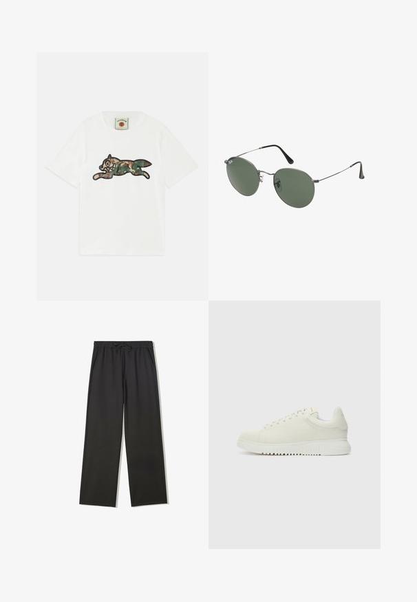 Bílý bavlněný tričko s velkým potiskem skákající lišky v maskovacích barvách, obkroužené černou linkou. Krátké rukávy a kulatý výstřih.; Černé kalhoty s elastickým pasem s šňůrkou a bočními kapsami, s volnějším střihem a rovnými nohavicemi.; Bílé kožené tenisky s texturovaným svrškem, kulatou špičkou, plochou bílou podešví a tonálními tkaničkami. Jemné brandování na jazyku.; Sluneční brýle s kovovým rámem a oválnými zelenými skly. Tenký stříbrný kovový rám a černé chrániče uší. Minimalistický design, žádné viditelné logo.