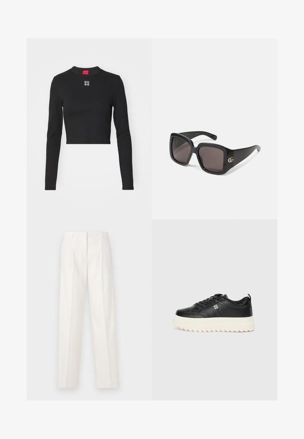 Black long-sleeve cropped top made of smooth fabric, featuring a round neck and white "HUGO" logo at the center chest.; White trousers made of linen, featuring a straight cut, double pleats at the front, and a smooth texture. No visible pockets or hardware.; Black leather sneaker with a chunky white sole, round toe, and flat laces; features "HUGO" logo on the side and textured sole for grip.; Black oversized sunglasses with dark lenses, glossy plastic frame, rounded square shape, and gold interlocking GG logo on the side.