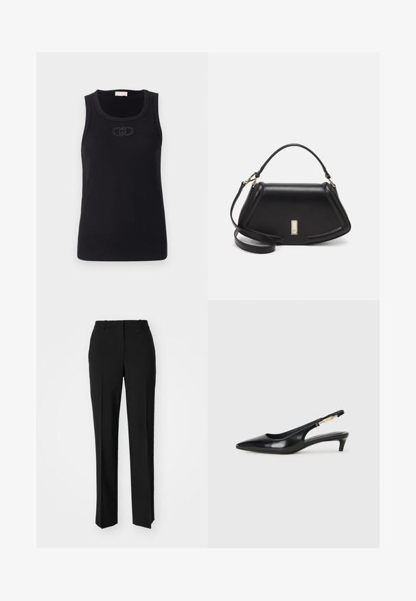 Black ribbed sleeveless tank top with a rounded neckline. Features a subtle embroidered logo on the front. Soft fabric texture.; Black tailored trousers with a straight-leg design, featuring a smooth texture and crisp creases along the front. No visible hardware.; Black leather slingback heels with a pointed toe, featuring a slim heel and a gold-tone accent on the adjustable strap. Smooth texture.; Black leather handbag with a structured design, featuring a cropped shape, top handle, and gold hardware accent. Adjustable shoulder strap included.