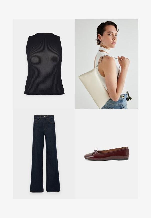 Top fără mâneci, de culoare neagră, cu tricot rib pentru un aspect texturat, având un guler înalt și o formă ajustată care conturează corpul.; Jeans din denim de culoare albastru închis, cu picioare largi, buzunare frontale, bucle pentru curea și închidere cu nasture.; Balerini din piele patent burgund cu vârful rotund, accent de fundiță mică în față și talpă joasă din cauciuc negru. Textură netedă.; Geantă de clutch rectangulară albă, realizată dintr-un material lucios, având o curea de lanț argintie. Modelul pozează, evidențiind geanta pe un fundal simplu.