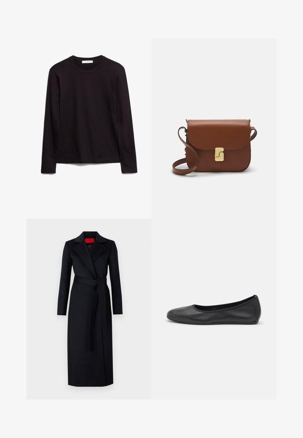Fekete hosszú ujjú környakú póló, texturált anyagból készült, egyenes szegéllyel és varrott díszítésekkel a galléron és a vállakon.; Fekete trench kabát hosszú ujjakkal, átkötős dizájnnal és hozzá illő övvel. Simfémből készült, hajtókás gallérral és oldalsó zsebekkel rendelkezik.; Fekete bőr balettcipő lekerekített orral, sima tekstúrával, minimális varrással és rugalmas talp kialakítással.; Barna bőr kézitáska, hajtókás zárással, arany színű fém kiegészítőkkel, vállpánttal és sima felülettel. Kompakt téglalap alakú.