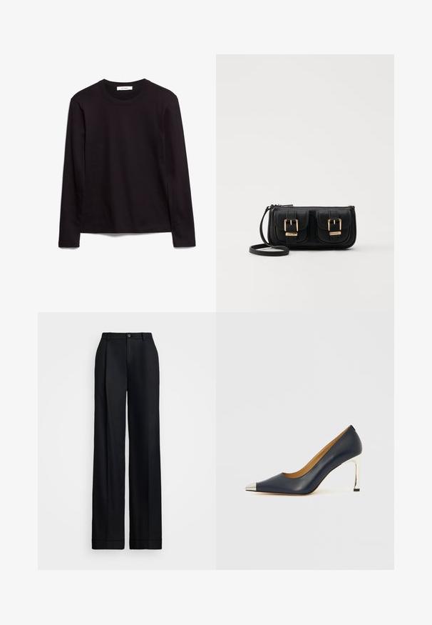 Svart långärmad t-shirt med rund halsringning, tillverkad av texturerad tyg, med rak nederkant och sydda detaljer vid kragen och axlarna.; Svarta vida byxor med en slät finish, rak framdel, bälteshällor och en enkel knappstängning i midjan.; Mörkblå högklackad lädersko med spetsig tå, som har en silverfärgad metallhätta och en glänsande silverstiletto-häl.; Svart läderaxelväska med två framfickor, guldspännen, dragkedjestängning och en smal rem. Texturerad yta och kompakt rektangulär form.