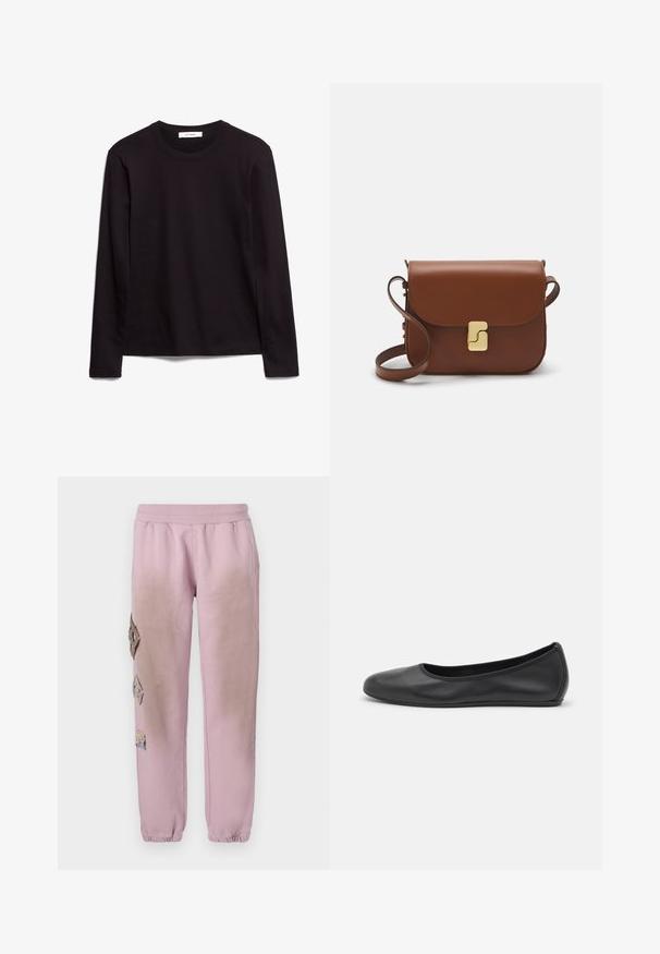 Čierne tričko s dlhým rukávom a okrúhlym výstrihom, vyrobené z textúrovanej látky, s rovnou spodnou časťou a prešitými detailmi na golieri a ramenách.; Ružové tepláky s elastickým pásom, s ozdobnými nášivkami v tvare diamantu na ľavej strane a elastickými manžetami na členkoch.; Čierne kožené baleríny s okrúhlou špičkou, hladkým povrchom, minimálnym prešívaním a flexibilným dizajnom podrážky.; Hnedá kožená kabelka s klopou, zlatými kovovými prvkami, ramenným popruhom a hladkým povrchom. Kompaktný obdĺžnikový tvar.