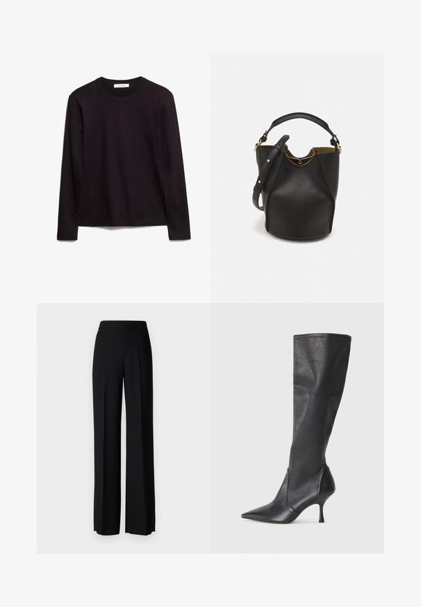 Schwarzes Langarm-T-Shirt mit Rundhalsausschnitt aus strukturiertem Stoff, mit geradem Saum und genähten Akzenten am Kragen und den Schultern.; Schwarze weite Hosen mit einer glatten Textur, ausgestattet mit einem hohen Bund und mittleren Falten. Keine sichtbaren Muster oder Hardware-Details.; Knöchelhoche schwarze Lederstiefel mit einer spitzen Zehe und einem schlanken Stiletto-Blockabsatz. Glatte Textur mit einer enganliegenden Passform und Nähten am oberen Rand.; Schwarze Leder-Eimerhandtasche mit strukturierter Oberfläche, goldenen Hardware-Akzenten und offenem Design. Verfügt über einen kurzen Griff und einen verstellbaren Schultergurt.