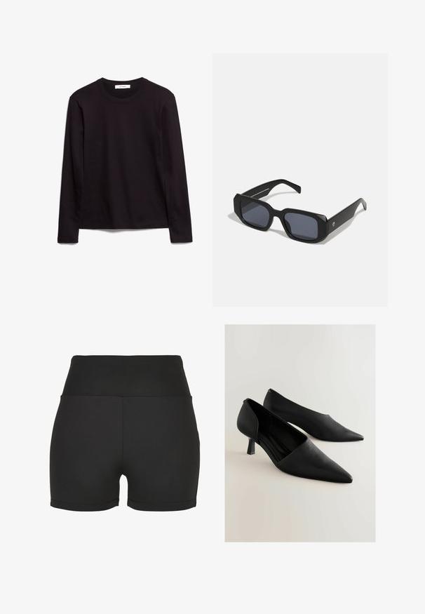 Tricou negru cu mânecă lungă și gât rotund, realizat dintr-un material texturat, având un tiv drept și accente cusute la guler și umeri.; Pantaloni scurți sport negri, cu talie înaltă, fabricați dintr-un material elastic și lucios. Prezintă cusături netede și un design ajustat, ideal pentru îmbrăcămintea activă.; Pantofi cu toc înalt din piele neagră, cu vârf ascuțit, având un design minimalistic și un toc scurt, pătrat. Textură netedă și siluetă elegantă.; Ochelari de soare rectangulari negri, cu un finisaj mat, având lentile întunecate și un cadru gros, unghiular. Design minimalist, fără logo-uri vizibile.