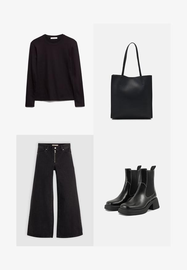 Črna dolgoročna majica z okroglim izrezom, izdelana iz teksturirane tkanine, z ravnim robom in šitimi detajli na ovratniku in ramenih.; Široke traperice iz črnega denima z zadrgo spredaj, petimi žepi in diskretnimi šivi. Gladka tekstura in ležeren slog.; Črne usnjene Chelsea škornje s širokim petami, elastičnimi stranskimi ploščami in kontrastnim belim šivanjem. Teksturirana površina.; Črna usnjena torba s svilnato teksturo, pravokotne oblike in dvema dolgima ročajema. Brez vidnih metalnih delov ali okrasnih elementov.