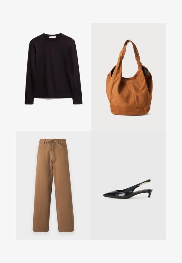 Must must sleeves ja ümar kaelusega must t-särk, mis on valmistatud tekstuuriga kangast. Sellel on sirge serv ja õmmeldud detailid kaeluses ja õlgadel.; Pruunid laiad püksid, mis on valmistatud puuvillast, elastse vöökoha ja kahe esimese taskuga. Pind struktuurne, kuid sile.; Mustad nahast slingback kontsad terava ninaga, millel on õhuke konts ja kuldse tooni aktsent reguleeritaval rihmal. Sile tekstuur.; Pruun nubukist õlakott pehme tekstuuri, kumeriku kuju ja kahe käepideme ning minimaalsete joontega. Funktsioneerib ilma nähtava riistvara või aksessuaarideta.