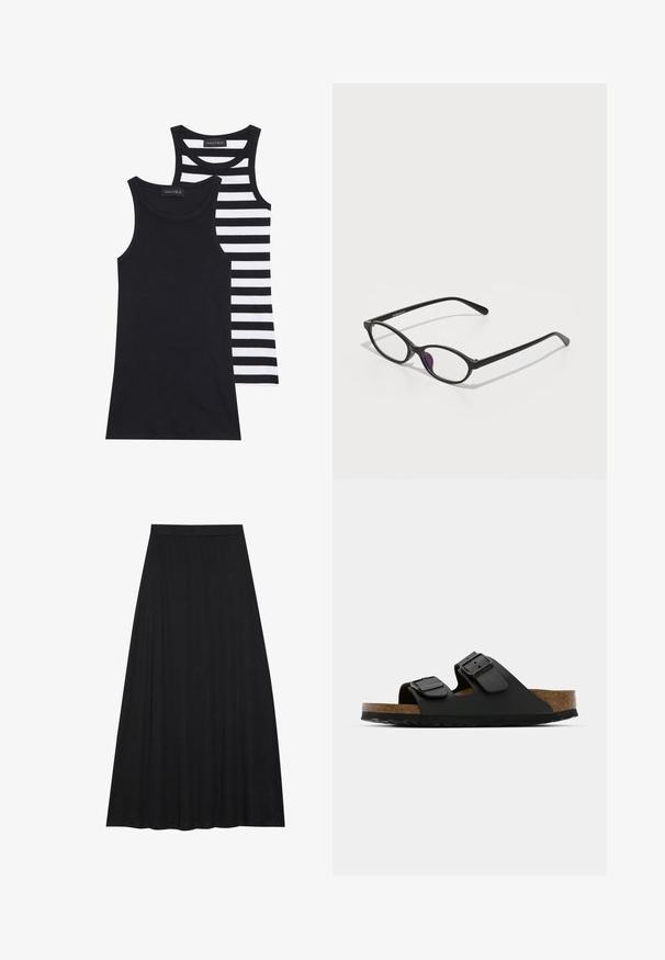 Černé a bílé tílka, jedno jednobarevné černé a druhé s vodorovnými černobílými pruhy. Obě jsou žebrované a bez rukávů.; Černá maxi sukně vyrobená z jemné, splývavé tkaniny. Má elastický pas a plný, A-liniový silueta s hladkým povrchem.; Černá dvoupásková sandál s nastavitelnými přezkami, korkovou stélkou a texturovanou gumovou podrážkou. Má plochý, otevřený design pro snadné obouvání.; Černé plastové brýle oválného tvaru, vybavené průhlednými čočkami a jedním fialovým akcentem na levé čočce. Elegantní, minimalistický design.