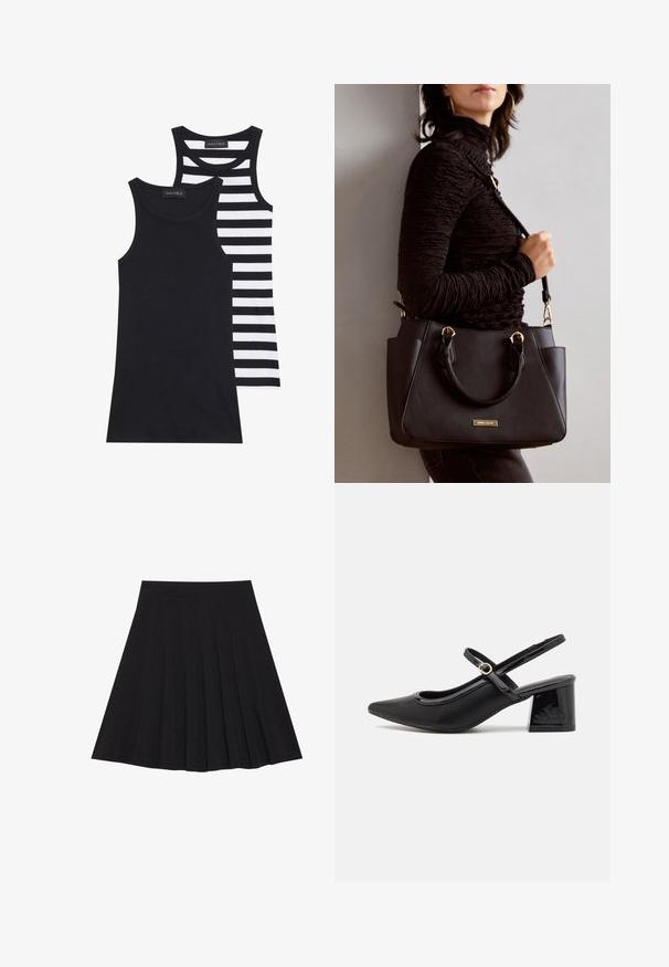 Mustvalged ja valged tank topid, üks täiesti must ja teine horisontaalsete mustade ja valgete triipudega. Mõlemad on ribadeta ja ilma varrukateta.; Must mustriga seelik, millel on tekstureeritud kangas ja kitsas vöökoht. Ulatuv põlveni, omadab sujuvat ja lõputut siluetti.; Mustad läikivad nahast slingback-kõrged kontsad, millel on terav nina, ümar lõikekujundus ja blokknina. Omab kuldset nupu aktsenti.; Musthave must kott, millel on tekstuurne pind, kaks ülemist käepidet ja reguleeritav õlarihm. Omab kuldse tooni riistu ja külgtaskuid.