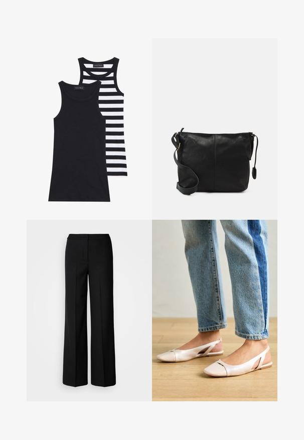 Crne i bijele majice bez rukava, jedna potpuno crna, a druga s horizontalnim crnim i bijelim prugama. Obje su rebraste i bez rukava.; Crne široke hlače od glatkog materijala, s visokim strukom, krojenim šavovima i minimalističkim dizajnom. Bez vidljivih metalnih dijelova ili džepova.; Svijetlo ružičaste slingback balerinke s šiljastim vrhom, izrađene od glatkog materijala nalik koži. Sadrže izrezane detalje sa strane i ravnu petu.; Crna kožna torbica preko tijela s ravnim oblikom, zlatnim detaljima i podešivim remenom. Glatka tekstura s minimalnim detaljima šivanja.
