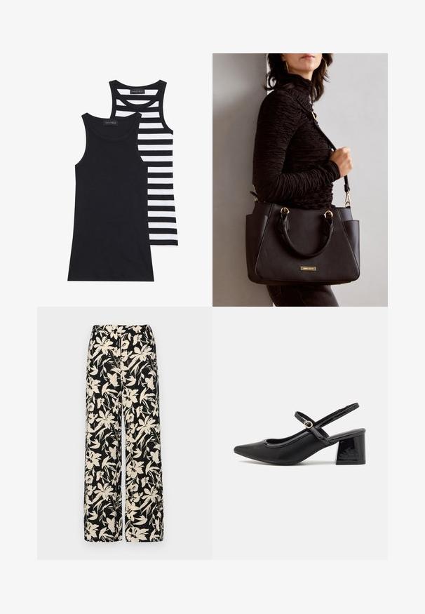 Black and white tank tops, one solid black and the other featuring horizontal black and white stripes. Both are ribbed and sleeveless.; Black wide-leg pants with a cream floral pattern. Made of lightweight fabric, featuring a smooth texture and a high waistband.; Black patent leather slingback heels with a pointed toe, a rounded cutout design, and a block heel. Features a gold-tone buckle accent.; Black handbag with textured surface, dual top handles, and adjustable shoulder strap. Features gold-tone hardware and side pockets.