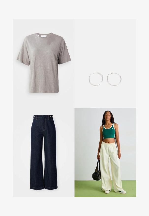 Gai pelēks īsām piedurknēm T-krekls, kas izgatavots no mīksta auduma, ar apaļu kakla izgriezumu un brīvu piegriezumu, bez izteiktām rakstām vai akcentiem.; Tumši zili platleņķa džinsi no denima, ar augstu jostasvietu, piecu kabatu dizainu un kontrastējošām oranžām šuvēm.; Zaļš īss topiņš ar baltu apdari, apvienots ar plaša griezuma krēmkrāsas biksēm. Modelis tur mazu melnu somiņu. Vienkārši sporta apavi.; Sudraba riņķa auskari ar elegantu, apaļu dizainu, kas izceļas ar gludu virsmu un bez redzamām rotājumām. Diametrs netiek norādīts.